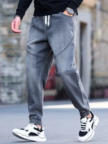 Manfinity Men Drawstring Waist Carrot Jeans - Dark Grey - View 3