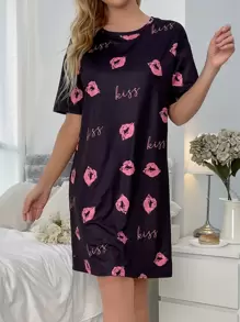 SHEIN Lip & Letter Graphic Drop Shoulder Pajama Nightdress - Black - View 4