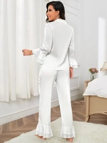Flounce Sleeve Satin Pyjama Set - White - View 2