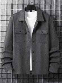 Manfinity Homme Men 1pc Long Sleeve Button Front Flap Pocket Overcoat , Fall Winter - Dark Grey - View 5