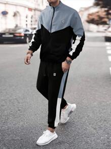 Manfinity Homme Hombres Cazadora de color combinado con parche de letra con cremallera con pantalones deportivos