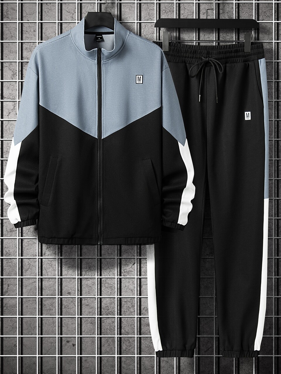 Men Colorblock Letter Patched Zip Up Jacket & Sweatpants, Casual Two Piece Set Men,Fall Clothes