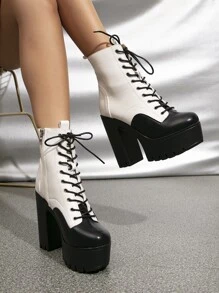 厚實高跟高台系帶短靴 - 黑與白 - 查看 2