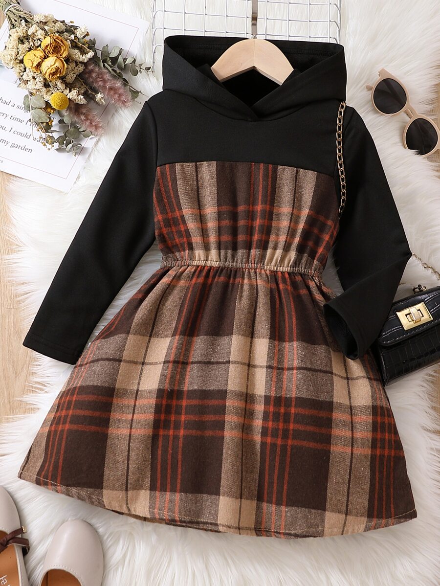 小女童格紋印花連帽洋裝
