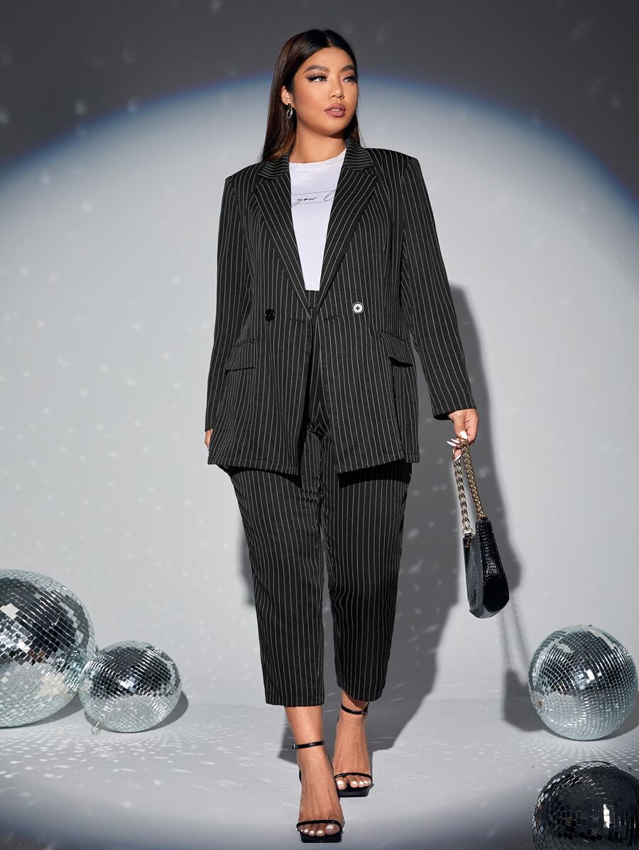SHEIN Essnce Plus Pinstripe Print Double Button Blazer & Trousers - Black - View 1