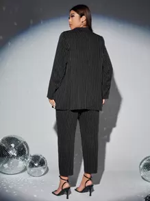 SHEIN Essnce Plus Pinstripe Print Double Button Blazer & Trousers - Black - View 2