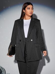 SHEIN Essnce Plus Pinstripe Print Double Button Blazer & Trousers - Black - View 3