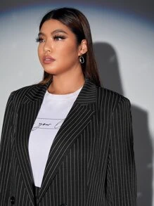 SHEIN Essnce Plus Pinstripe Print Double Button Blazer & Trousers - Black - View 4