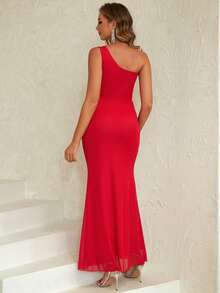 ANGEL FASHIONS Contrast Sequin One Shoulder Split Thigh Dress - Red - View 2