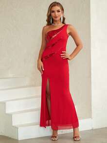 ANGEL FASHIONS Contrast Sequin One Shoulder Split Thigh Dress - Red - View 3