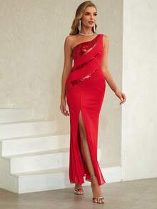 ANGEL FASHIONS Contrast Sequin One Shoulder Split Thigh Dress - Red - View 4