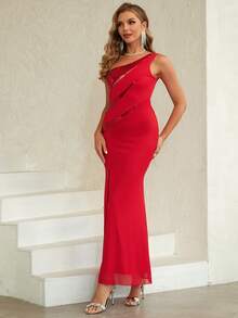 ANGEL FASHIONS Contrast Sequin One Shoulder Split Thigh Dress - Red - View 5