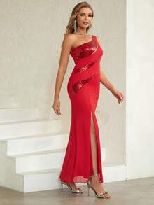 ANGEL FASHIONS Contrast Sequin One Shoulder Split Thigh Dress - Red - View 7