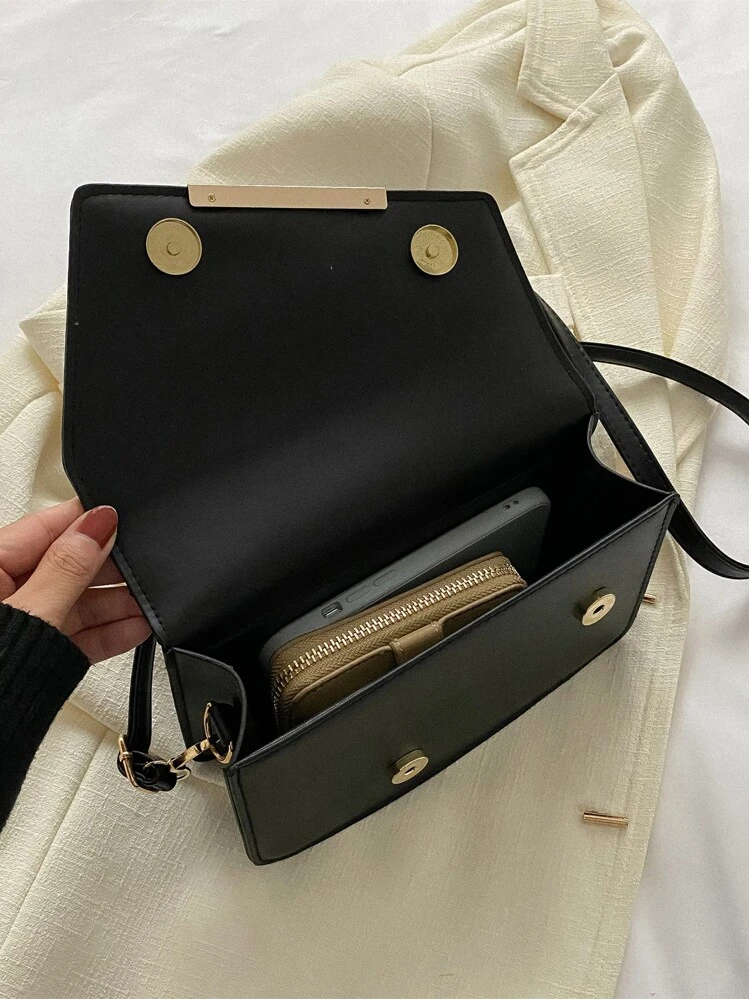 Lightweight,Business Casual Metal Decor Flap Square Bag For Teen Girls Women College Students,Rookies & White-collar Workers Perfect for Office,College,Work ,Business,Commute,Outdoors, Travel, Outings - Black - View 6