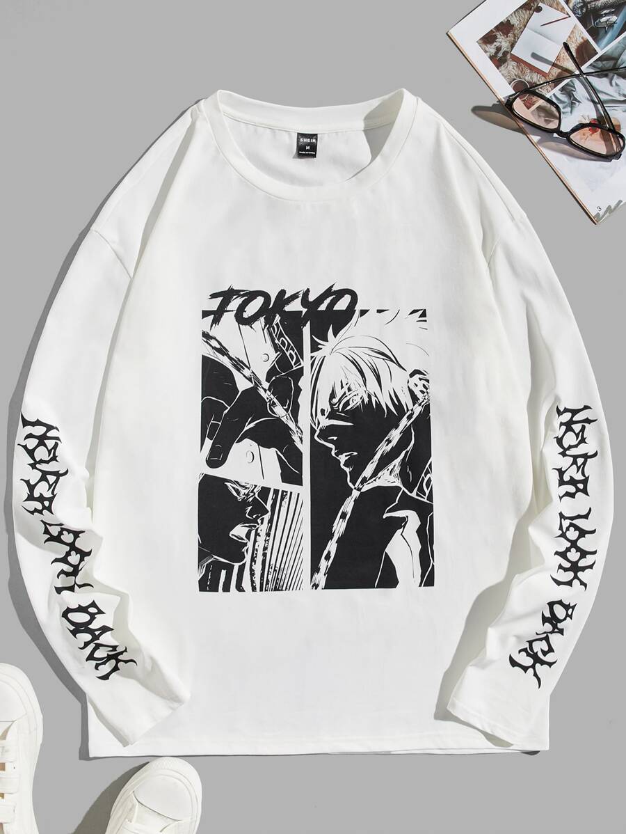 Manfinity VCAY Oversized Men Letter & Figure Graphic T-Shirt - White - View 1