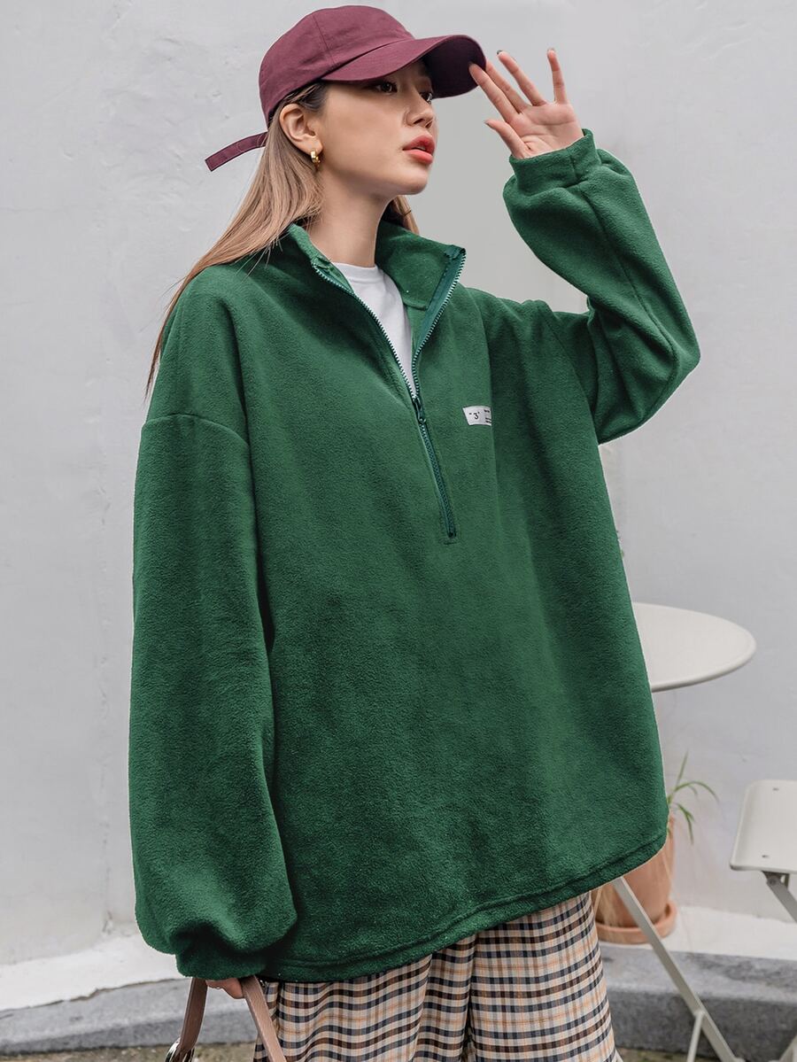 DAZY Half Zip Patched Drop Shoulder Oversized Sweatshirt - Green - View 1