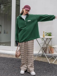 DAZY Half Zip Patched Drop Shoulder Oversized Sweatshirt - Green - View 4