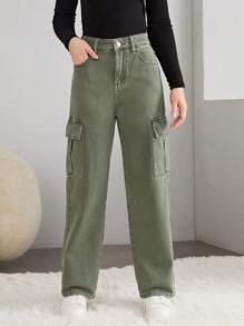 SHEIN Teen Girls Zipper Fly Solid Cargo Jeans - Army Green - View 1