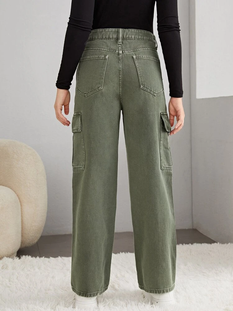 Teen Girls Zipper Fly Solid Cargo Jeans