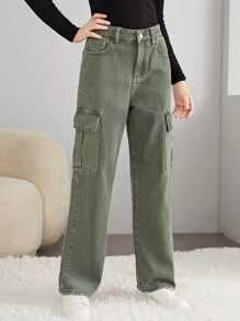 SHEIN Teen Girls Zipper Fly Solid Cargo Jeans - Army Green - View 3