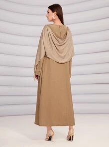 Al Najma Colourblock Patched Hooded Abaya - Camel - View 2