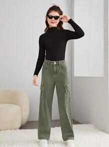 SHEIN Teen Girls Zipper Fly Solid Cargo Jeans - Army Green - View 4
