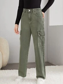 SHEIN Teen Girls Zipper Fly Solid Cargo Jeans - Army Green - View 5