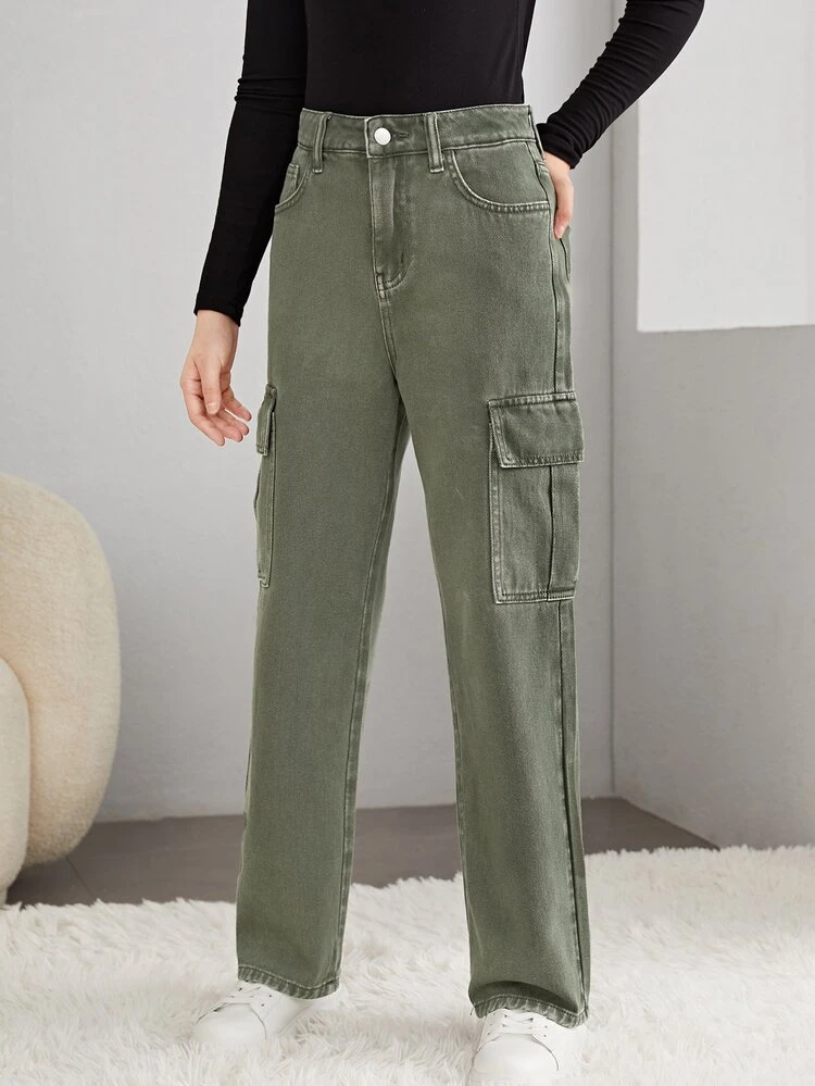 Teen Girls Zipper Fly Solid Cargo Jeans