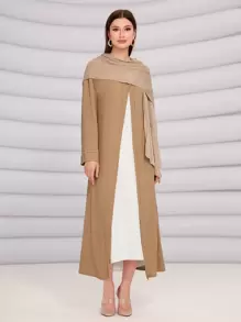 Al Najma Colourblock Patched Hooded Abaya - Camel - View 5