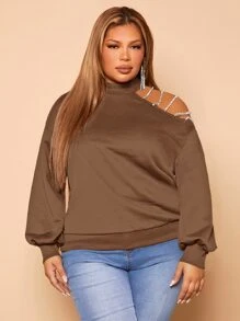 SHEIN SXY Plus Rhinestone Detail Asymmetrical Neck Sweatshirt - Mocha Brown - View 1