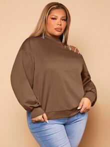 SHEIN SXY Plus Rhinestone Detail Asymmetrical Neck Sweatshirt - Mocha Brown - View 5