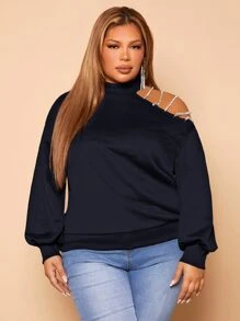 SHEIN SXY Plus Rhinestone Detail Asymmetrical Neck Sweatshirt - Navy Blue - View 1