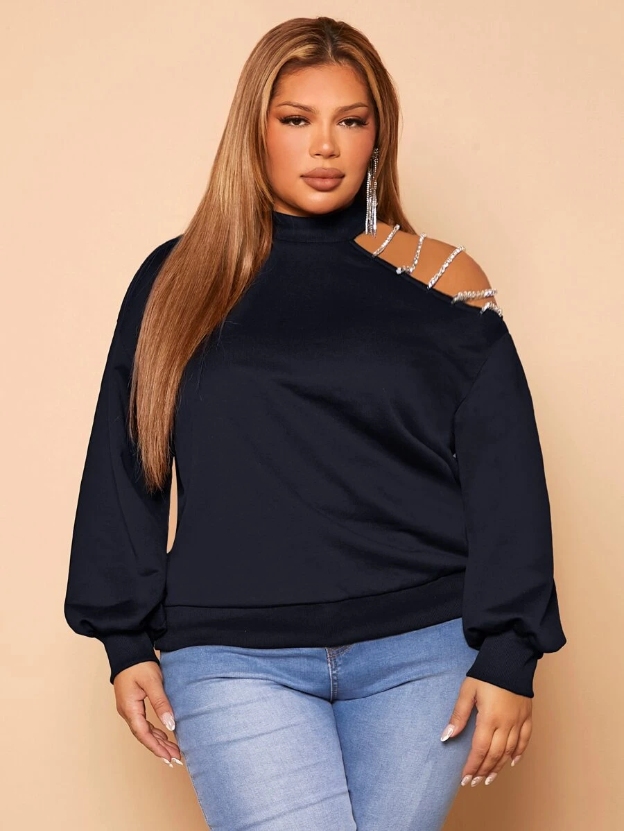 SHEIN SXY Plus Rhinestone Detail Asymmetrical Neck Sweatshirt - Navy Blue - View 1