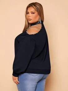 SHEIN SXY Plus Rhinestone Detail Asymmetrical Neck Sweatshirt - Navy Blue - View 2