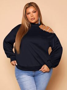 SHEIN SXY Plus Rhinestone Detail Asymmetrical Neck Sweatshirt - Navy Blue - View 3