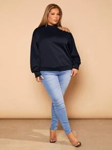 SHEIN SXY Plus Rhinestone Detail Asymmetrical Neck Sweatshirt - Navy Blue - View 4