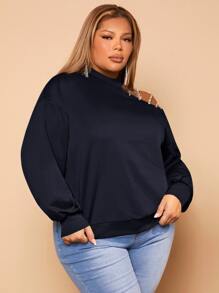 SHEIN SXY Plus Rhinestone Detail Asymmetrical Neck Sweatshirt - Navy Blue - View 5