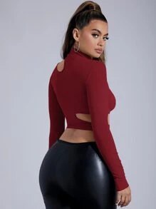 SHEIN SXY 小立領鏤空短款T恤 - 酒紅色 - 查看 3