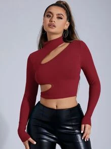 SHEIN SXY 小立領鏤空短款T恤 - 酒紅色 - 查看 4