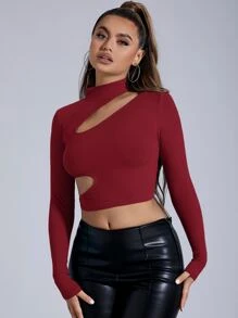 SHEIN SXY 小立領鏤空短款T恤 - 酒紅色 - 查看 5