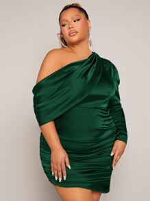 SHEIN SXY 大碼不對稱領褶邊緞面連衣裙 - 墨綠色 - 查看 4