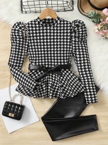 SHEIN Cô gái Tween In Houndstooth Tay áo chân cừu Thắt lưng Xoay eo Áo thun & Da giả Quần - Đen và trắng - Xem 1