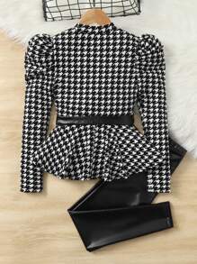 SHEIN Cô gái Tween In Houndstooth Tay áo chân cừu Thắt lưng Xoay eo Áo thun & Da giả Quần - Đen và trắng - Xem 2