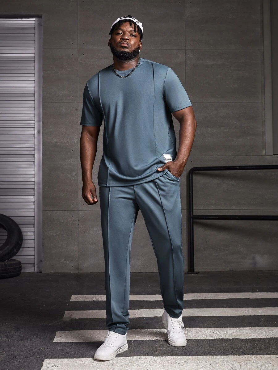 GENTILAND Hombres Pantalones deportivos con camiseta con parche de letra - Neblina azul - Ver 1