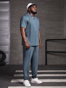 GENTILAND Hombres Pantalones deportivos con camiseta con parche de letra - Neblina azul - Ver 4