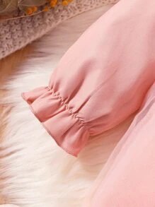 Đầm em bé Tương phản ren Tương phản Mesh Nơ Bướm Tranh thêu màu trơn Dễ thương - Hồng - Xem 5