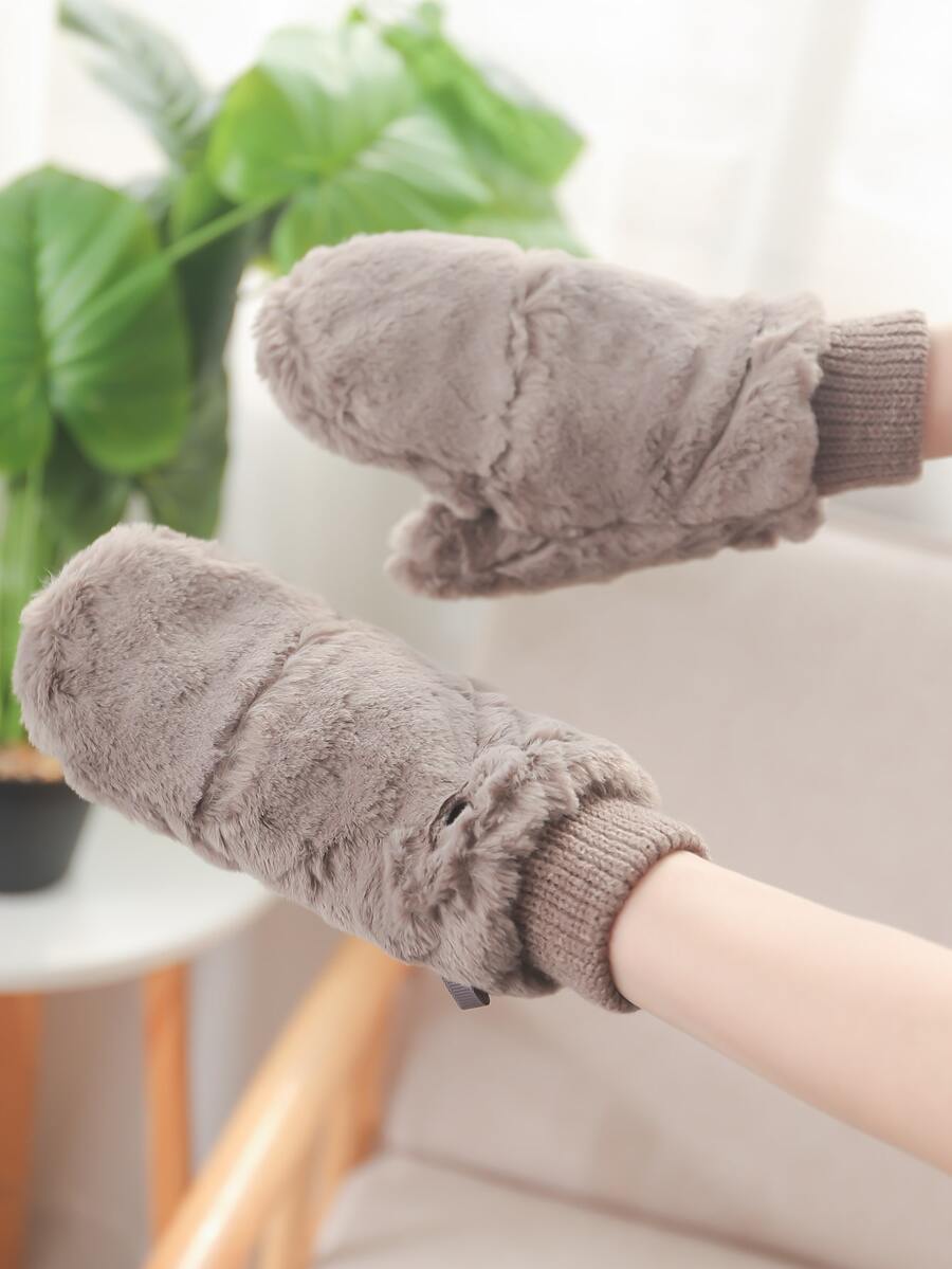 1双灰色毛绒翻盖加厚露指手套 夏季 - 灰色 - 查看 1