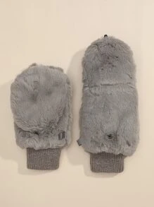雙灰色毛絨翻蓋加厚無指手套 - 灰色 - 查看 3