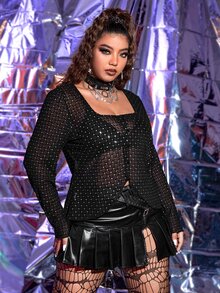 Plus Rhinestone Sheer Top Without Bra - Black - View 4