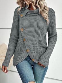 SHEIN LUNE Cowl Neck Button Detail Raglan Sleeve Sweater